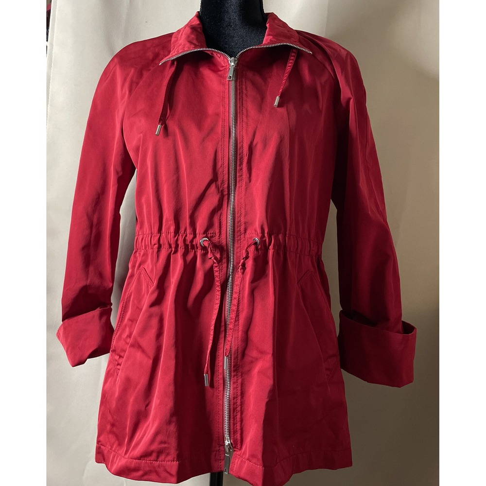 Lafayette 148 Small Parka Jacket Red Drawstring Waist Zip Front Lightweight